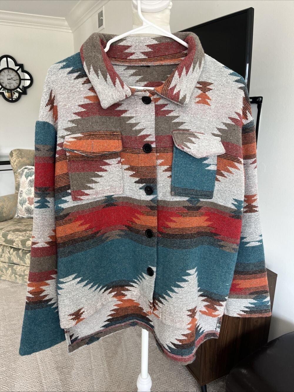 Southwestern Aztec Pattern Shacket Button XL Shirt Jacket Travel Festival Boho